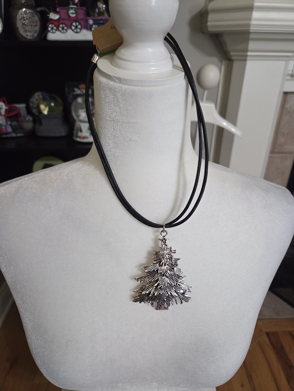 Silver Christmas Tree Pendant Necklace - Black Cord
